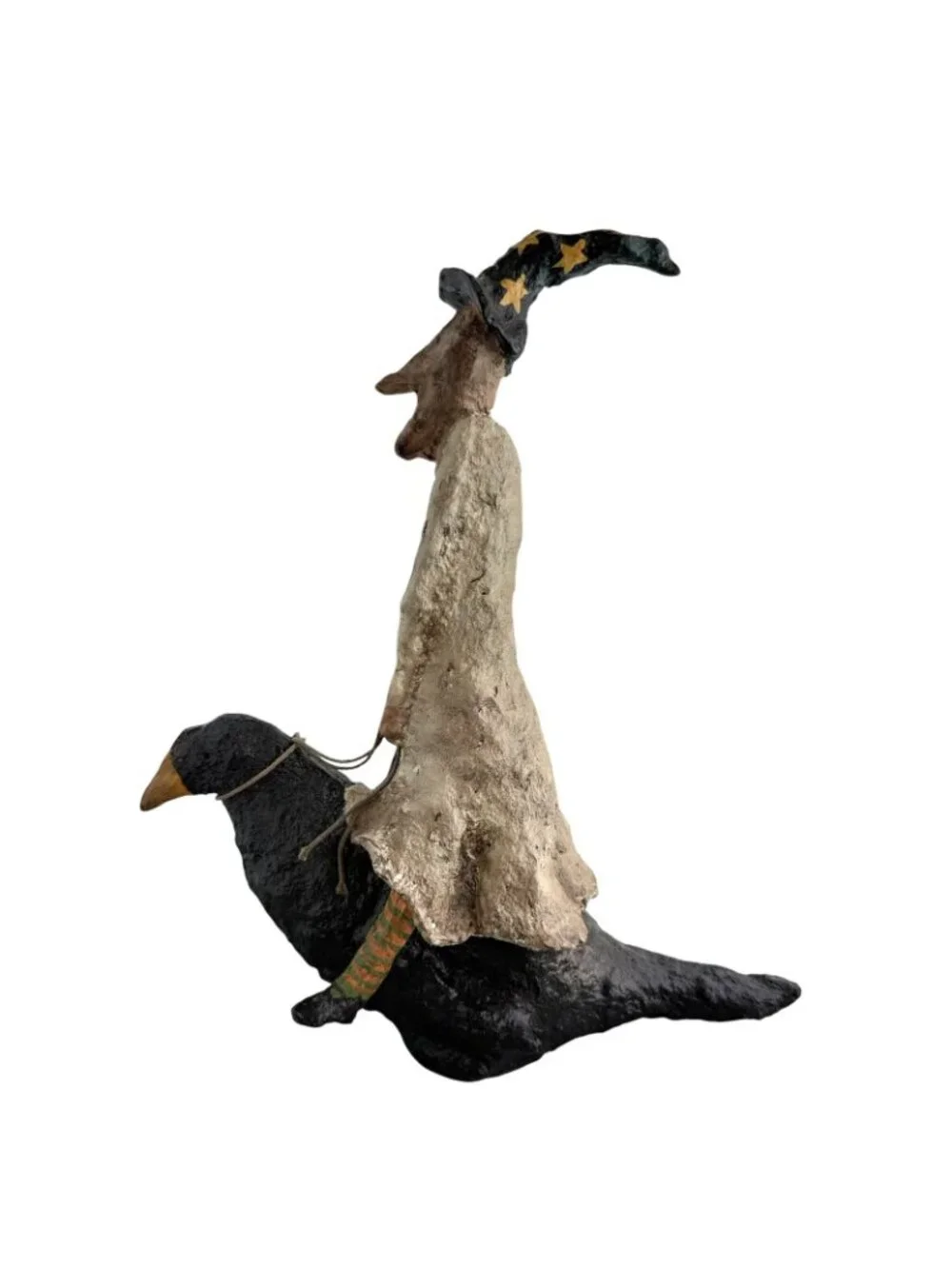 Kevin Smith Folk Art Primitive Halloween Witch Riding on Crow Whimsigoth 12”